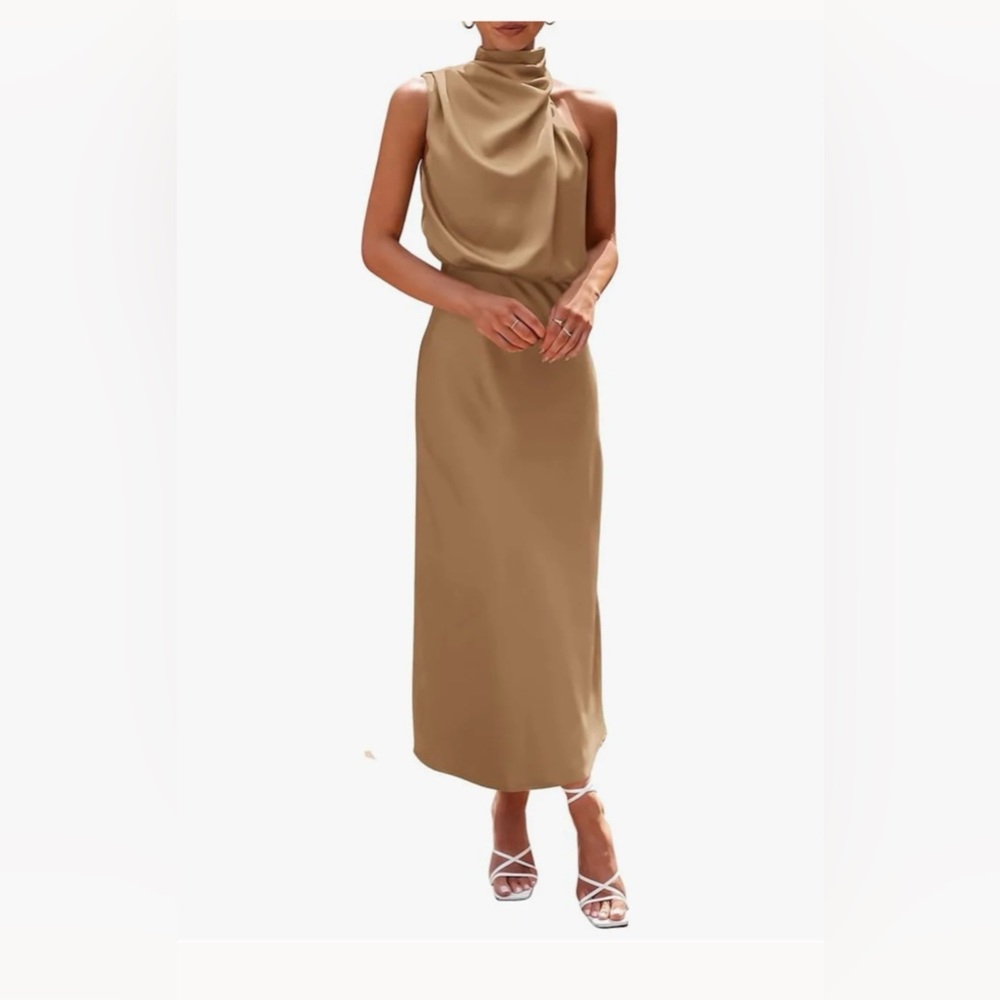 Tan Midi Dress Mock Neck - size Small